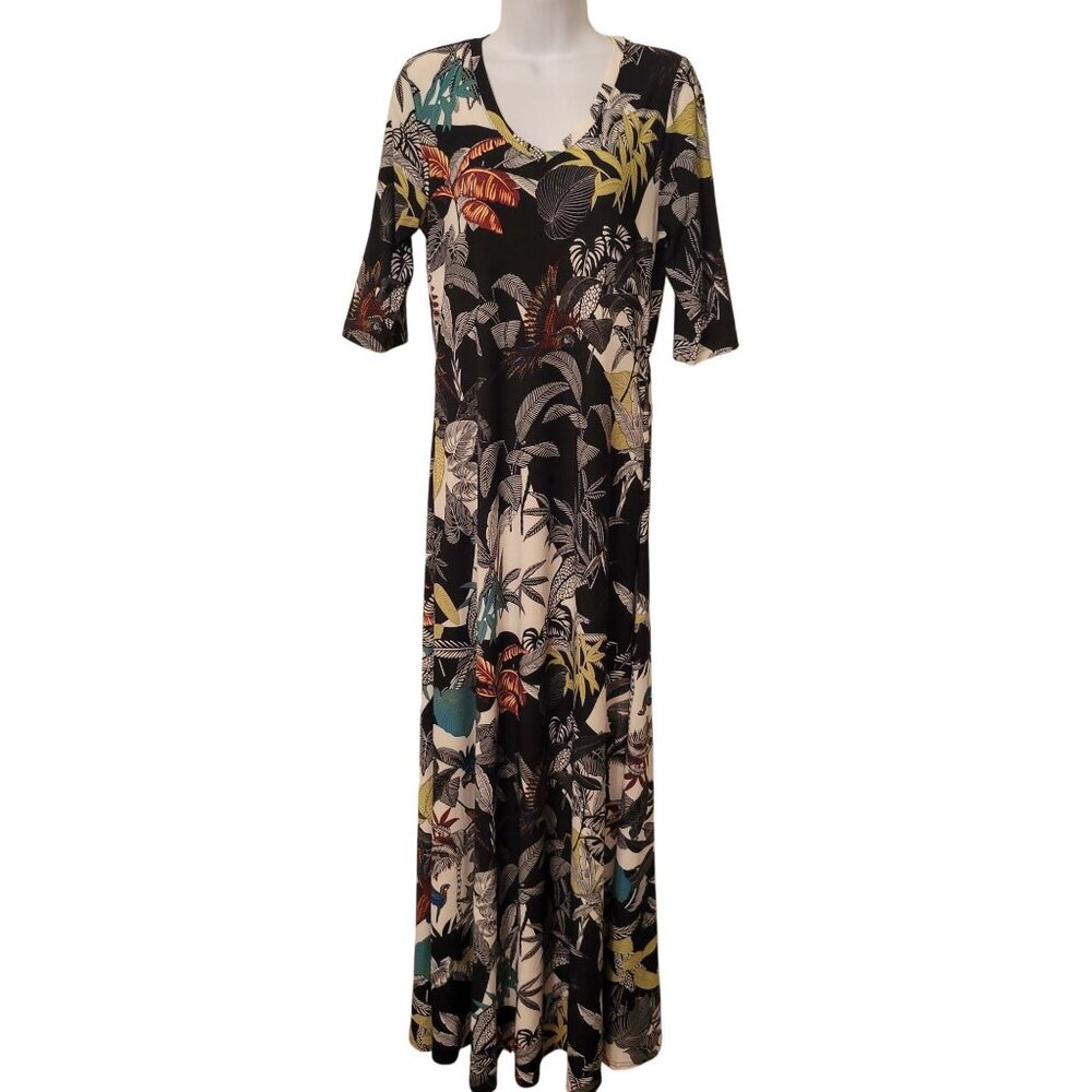 Attitudes by Renee XST Tropical Bird Leaf Print Maxi Dress Pockets Stretch Modes